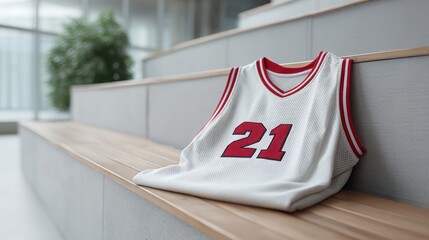 sport A basketball jersey draped over modern wooden stairs in a stylish interior space.
