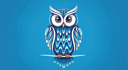 Stylized owl perched on a twig, blue background