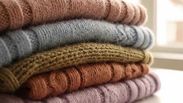 Colorful knitted sweaters stacked in cozy home interior. Soft textures create warm atmosphere. Ideal for fashion, lifestyle, and textile projects.