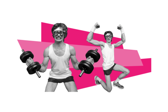 Composite trend artwork sketch image collage of sport game play match basketball young guy student funny geek hold dumbbell power strong