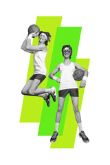 Composite trend artwork sketch image photo collage of sport game play match basketball young guy student funny geek hold ball success jump