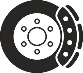 Black and white vector icon illustration of a car brake system with disc rotor and caliper scalable eps format silhouette vector illustration white background