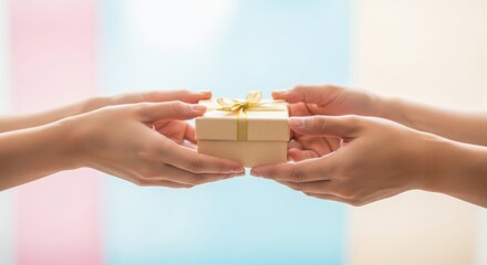 Handing over gift wrapped box with gold ribbon in celebration theme
