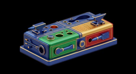 Whimsical Colorful Metallic Tool Box with Anvils and Drawers.