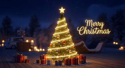 Christmas Tree Glow: Festive Holiday Scene with Gifts and Car