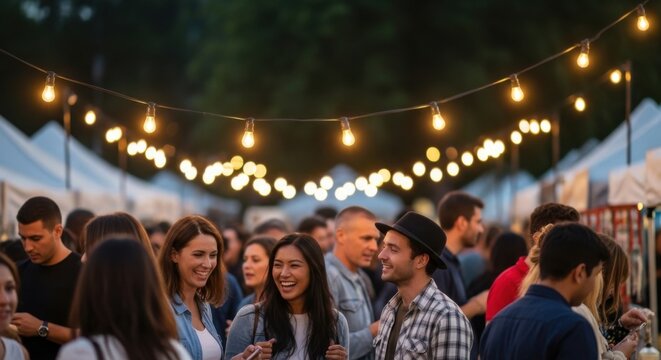 Vibrant outdoor evening market with festive lights and joyful crowd for social gathering design