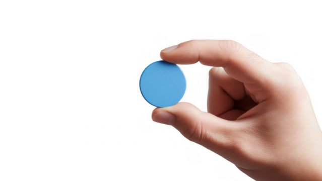 Hand holds blue community service token, created with AI, PNG