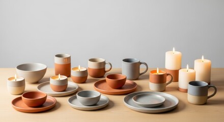 Cozy table setting with ceramic dishware and burning candles for warm home decor inspiration
