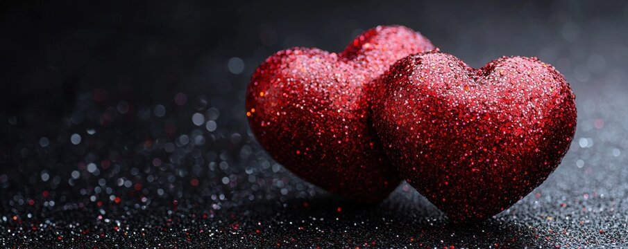 Two glittery red hearts placed on a sparkling dark background