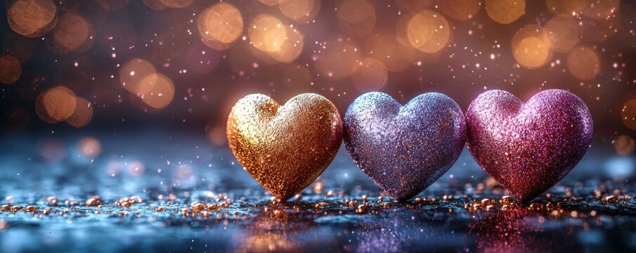 Glittering Decorative Hearts in Gold and Purple with Romantic Ambience