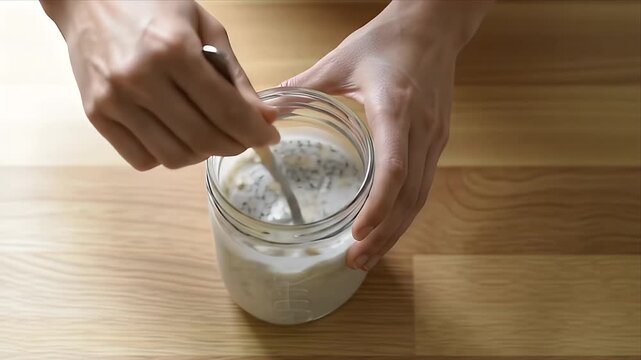 Close up of hands stirring a healthy overnight oats or yogurt parfait with chia seeds in a glass jar on a wooden table preparing a nutritious breakfast or snack