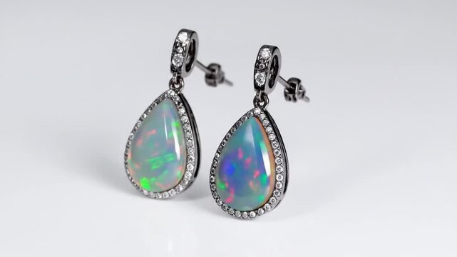Elegant Pear Shaped Opal and Diamond Drop Earrings Sterling Silver Metal with Subtle Lighting and White Background
