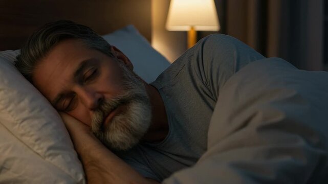 Man sleeping on his back in bed at night, sleep with visible chest movement, sleep in dark quiet room, relaxed male breathing during sleep, bedroom scene with natural night rest