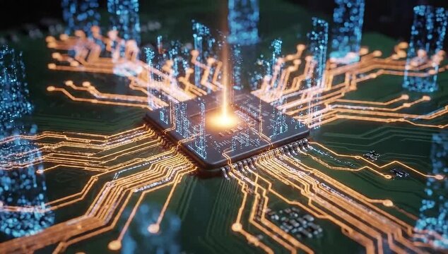 Exploring Artificial Intelligence and Technology Through Digital Circuits and Microchips Showcasing Innovation and Advancement