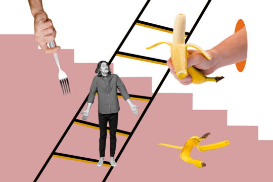 Creative collage young man ladder banana fruit fork tool kitchenware hand body fragment peel hold exotic meal nutrition drawing background