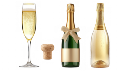 Champagne bottle with bow and fluted glass, AI, PNG