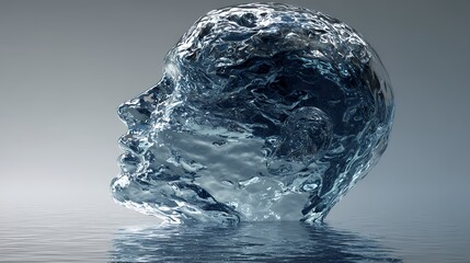 Abstract liquid face emerges from tranquil water surface