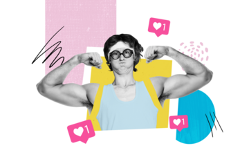 Collage young funny face man bodybuilder showing muscles photo profile social media blogger receive feedback notifications likes