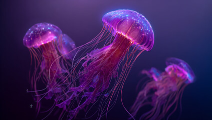 Fototapeta premium Three luminous purple jellyfish drift gracefully in the deep dark ocean water