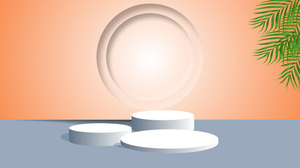 Three white 3D podiums on a blue-gray floor against an orange gradient wall. A circular niche in the background. Modern, minimal studio for product presentation or advertising