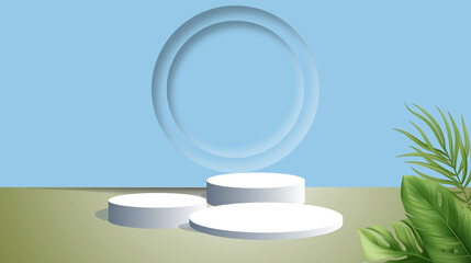 3D product display with three white podiums on a green floor. Light blue wall with a circular niche and tropical leaves (monstera, palm). Modern, natural scene for product mockups