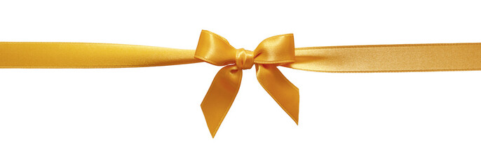 Golden satin ribbon with decorative bow on transparent background