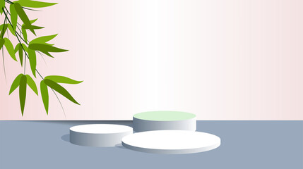 3D product display with three podiums on a blue-gray floor. Light pink wall with green bamboo leaves in the corner. Minimalist, natural, Zen-themed scene for cosmetic or spa products