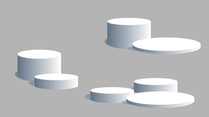 Abstract 3D product display with multiple white cylinder podiums. Pedestals at various heights on a gray background. Minimalist, modern scene for showcasing multiple products