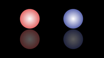 Two glowing 3D spheres (red and blue/purple) with reflections, isolated on a solid black background. Minimalist abstract design. Orb icon set