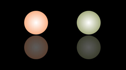 Two glowing 3D spheres (peach and light green) with reflections, isolated on a solid black background. Minimalist abstract design. Orb icon set.