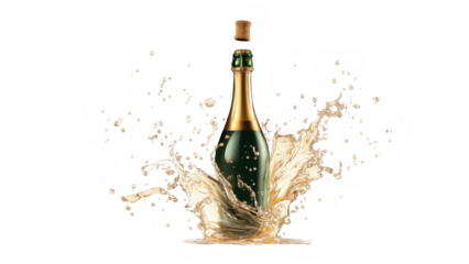 Champagne cork flying with liquid splash around bottle, AI, PNG