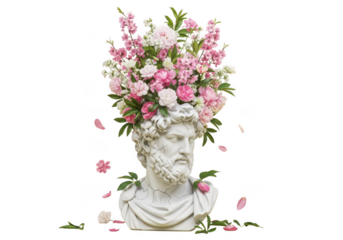 Ancient greek sculpture bust adorned with abundant pink and white flowers