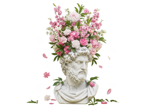 Ancient greek sculpture bust adorned with abundant pink and white flowers - Powered by Adobe