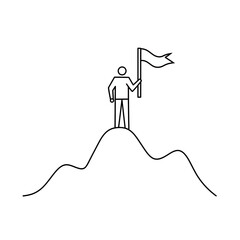 
A simple line drawing of an icon, person standing on top mountain with flag in hand, minimalistic design, vector illustration, white background, thin lines .
