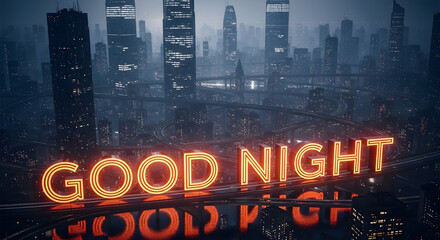 "Good Night" Neon Sign in Futuristic Cityscape