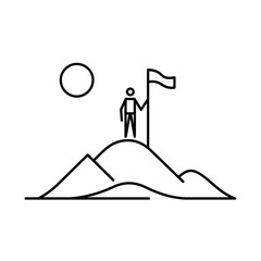 
A simple line drawing of an icon, person standing on top mountain with flag in hand, minimalistic design, vector illustration, white background, thin lines .