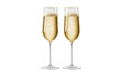 Two tall flutes of golden sparkling wine, AI, PNG