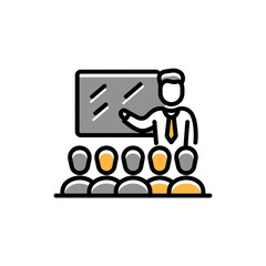 
An icon depicting an AI teacher presenting on a blackboard to students, with a simple and minimalistic design.