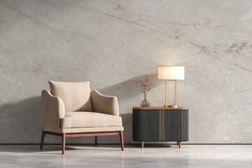 A modern armchair and cabinet with a lamp stand against a textured wall.
