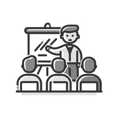 
An icon depicting an AI teacher presenting on a blackboard to students, with a simple and minimalistic design.