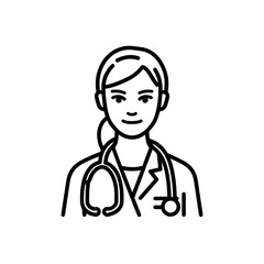 
Female doctor icon, vector line drawing on a white background, simple and minimalistic design, black lines only, no color or shading, professional medical style.