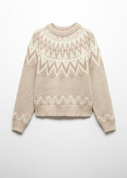 Female beige knitted sweater on white marble background, top view flat lay. Fashion Lady Clothes Set: Trendy and Cozy Knit Jumper with Autumn Accessories. Female fashion