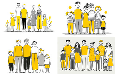 
Set of simple line art illustrations, a family portrait of happy people with kids in yellow and grey colors, isolated on a white background.
