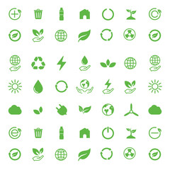 Collection of green eco friendly icons representing nature sustainability and renewable energy sources