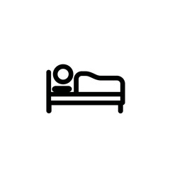 
Simple, solid black vector icon of a person sleeping on a bed, against a white background. The design should be minimalistic and simple, with clean lines.