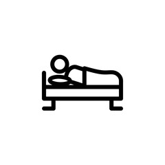
Simple, solid black vector icon of a person sleeping on a bed, against a white background. The design should be minimalistic and simple, with clean lines.