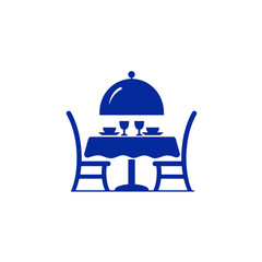 Vector icon of a restaurant table with a cloche and chairs, in blue color on a white background, using simple shapes and a minimalistic design, with flat vector graphics and a minimalist aesthetic.