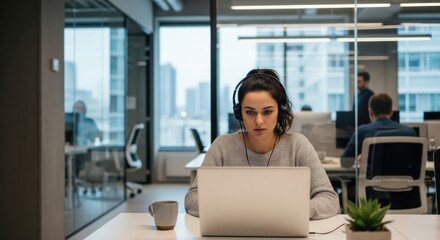 Focused young businesswoman with headphones working on laptop in modern open space office. Concentrated female professional listening to webinar, e-learning, or on a video call.