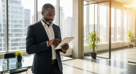 Mature african american businessman using a digital tablet in a modern office. Successful ceo or manager in a corporate building with large windows and a city view. Business concept.