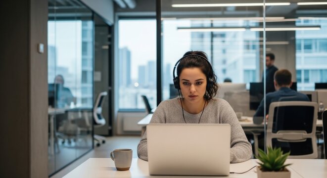 Focused young businesswoman with headphones working on laptop in modern open space office. Concentrated female professional listening to webinar, e-learning, or on a video call.